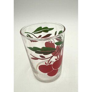 Vtg Glass Tumbler Red Apple Green Leaf Design 3.25" Tall 2" Diam Retro Kitchen